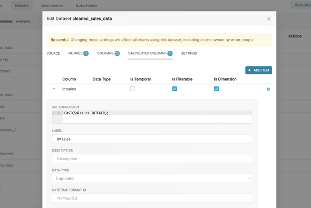 Superset Dashboards - edit dataset virtual calculated columns